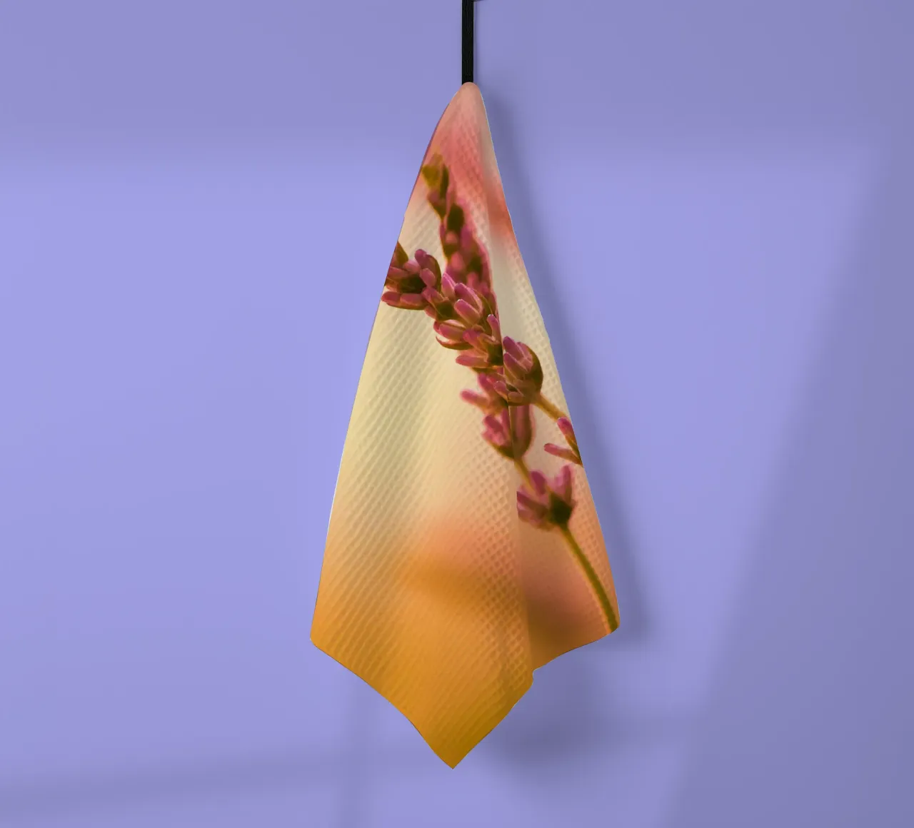 Sprigs of lavender against a red-pink-orange background tea towel by Something for you