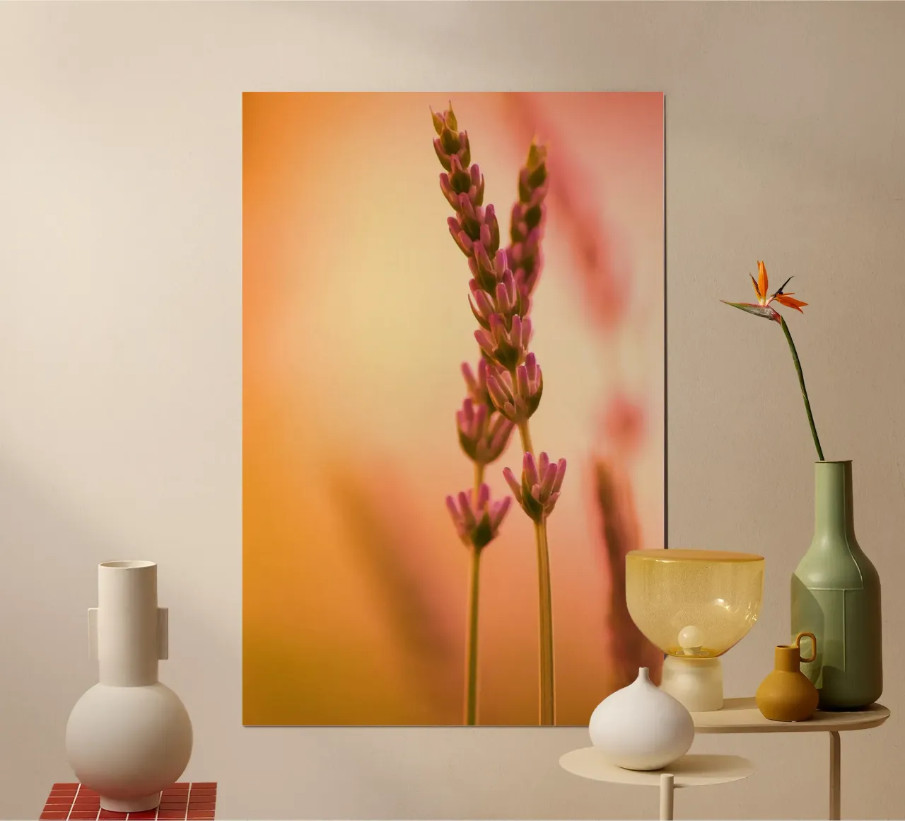 Rametti di lavanda su uno sfondo rosso-rosa-arancio carta hahnemühle da Something for you