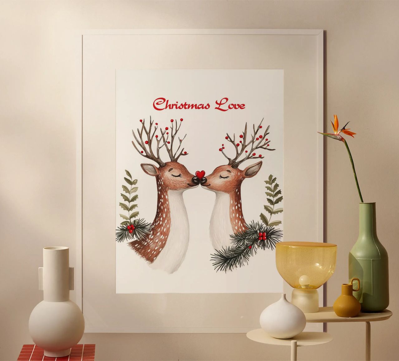 Rendier kerstliefde poster met kunststof frame van Carinaprint