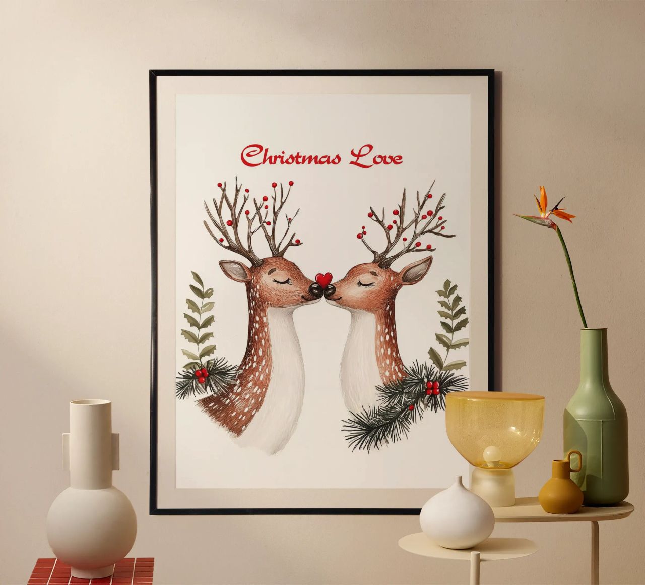 Rendier kerstliefde poster met kunststof frame van Carinaprint