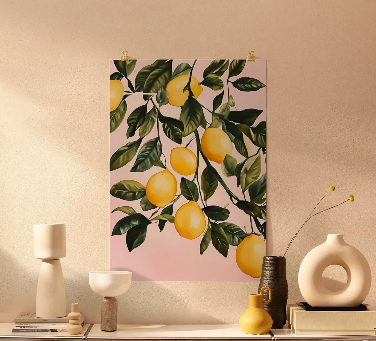 Lemon Tree Branch: Pastel Pink Mediterranean Art poster by Atelier Texture