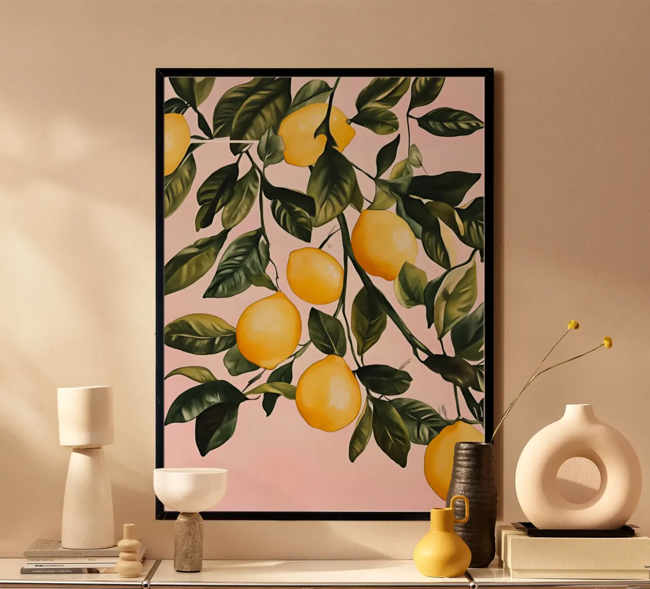 Lemon Tree Branch: Pastel Pink Mediterranean Art poster by Atelier Texture