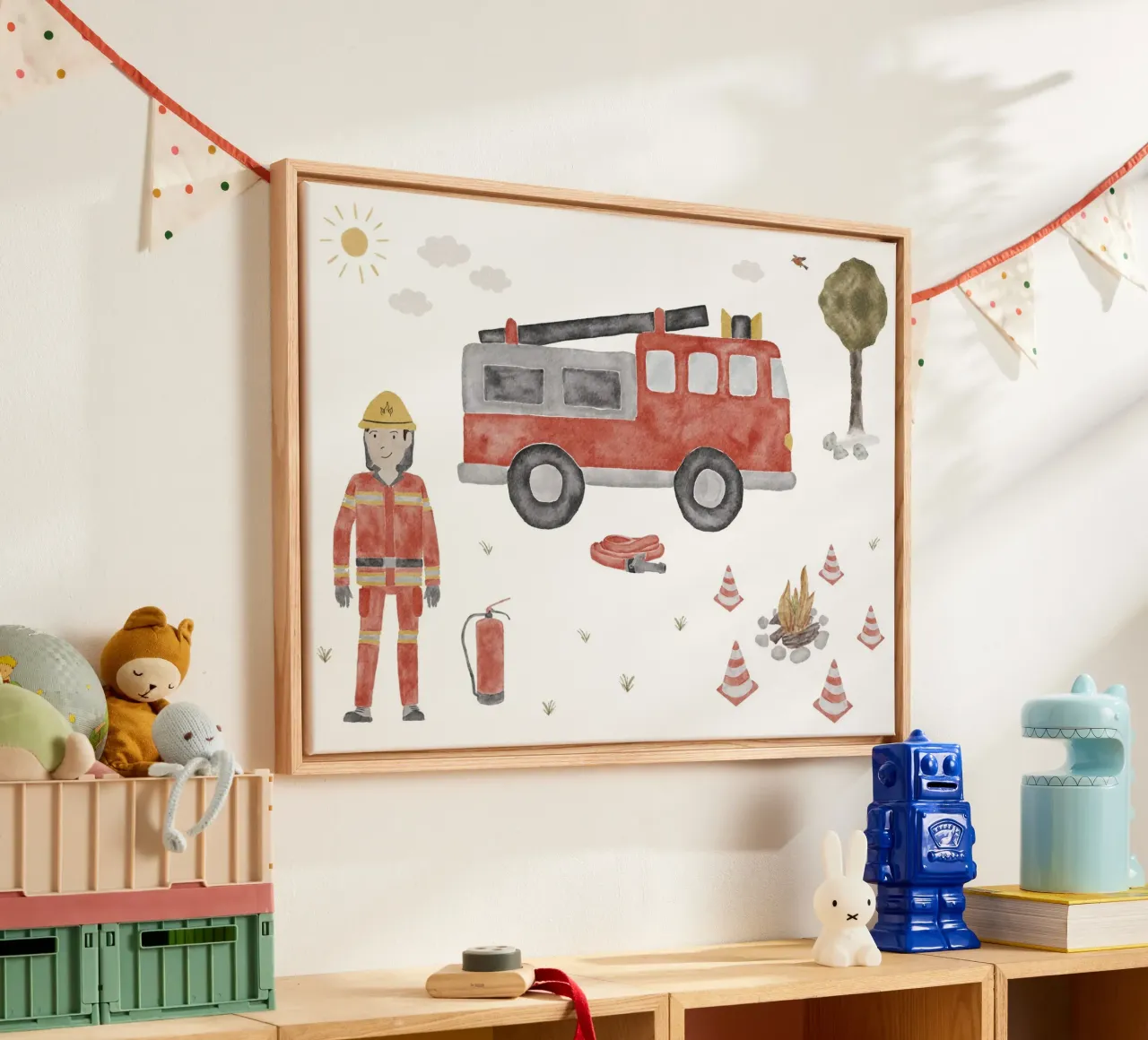 Firefighter with fire engine acryl van herzundpapier