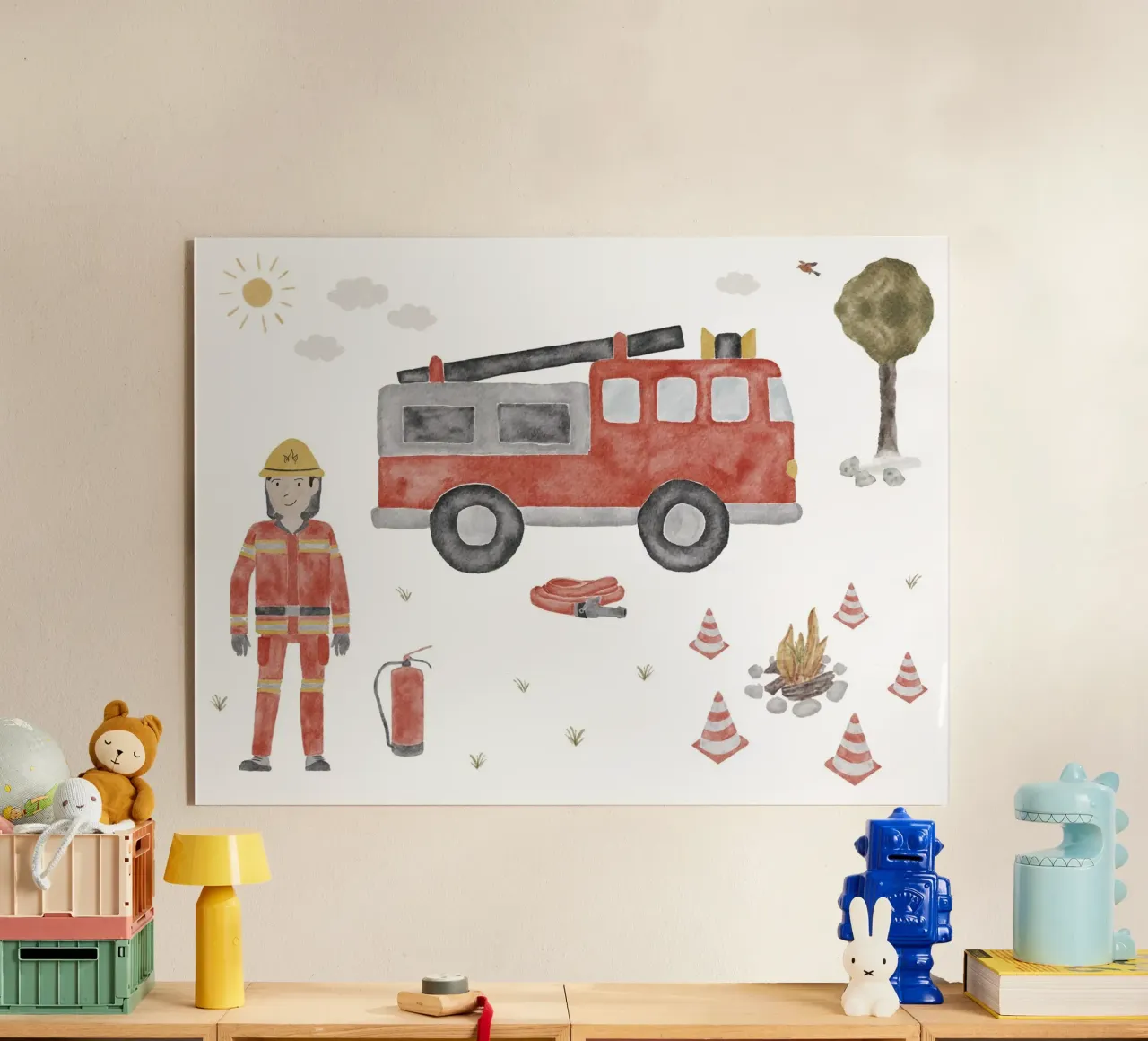 Firefighter with fire engine plexiglass da herzundpapier