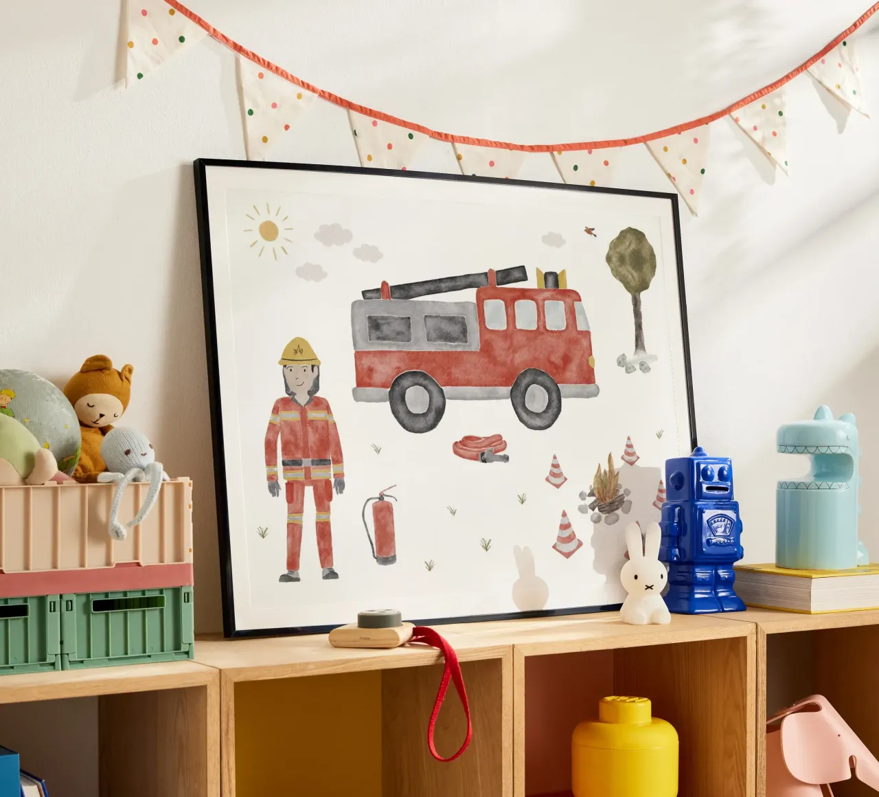 Firefighter with fire engine poster by herzundpapier