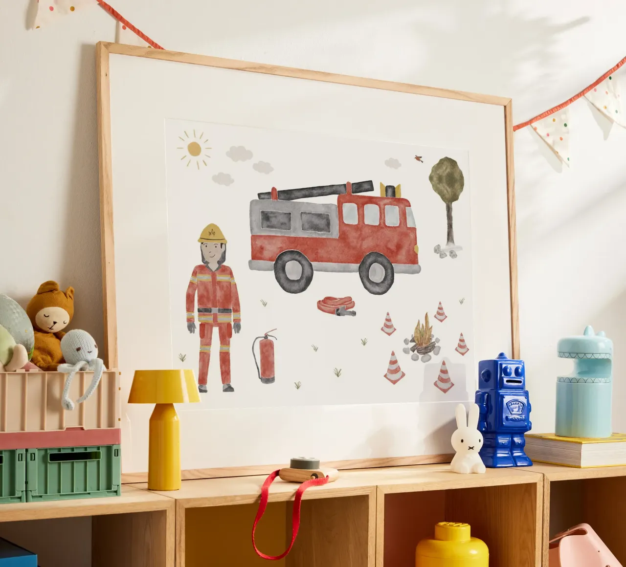 Firefighter with fire engine poster by herzundpapier
