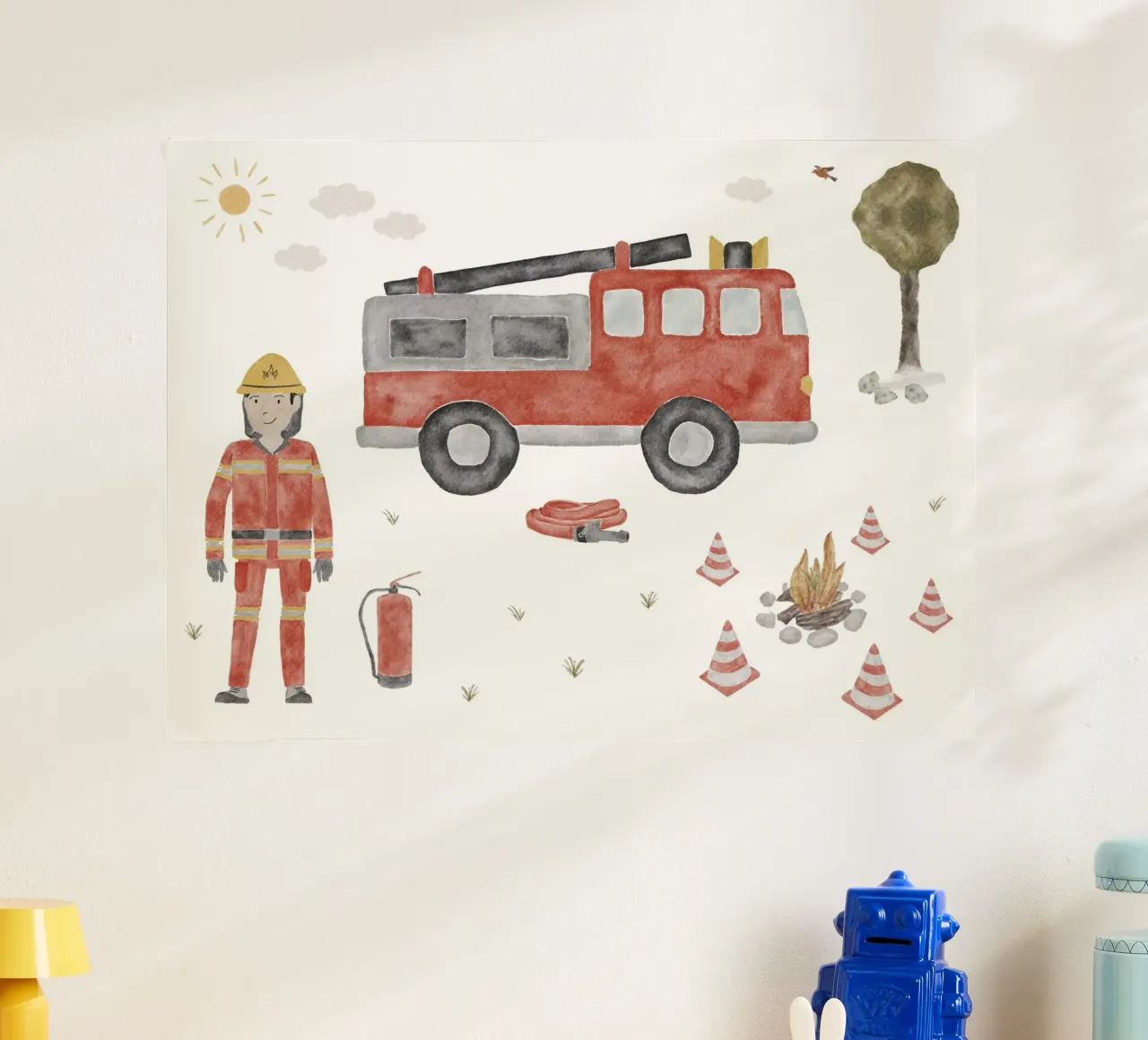 Firefighter with fire engine poster by herzundpapier