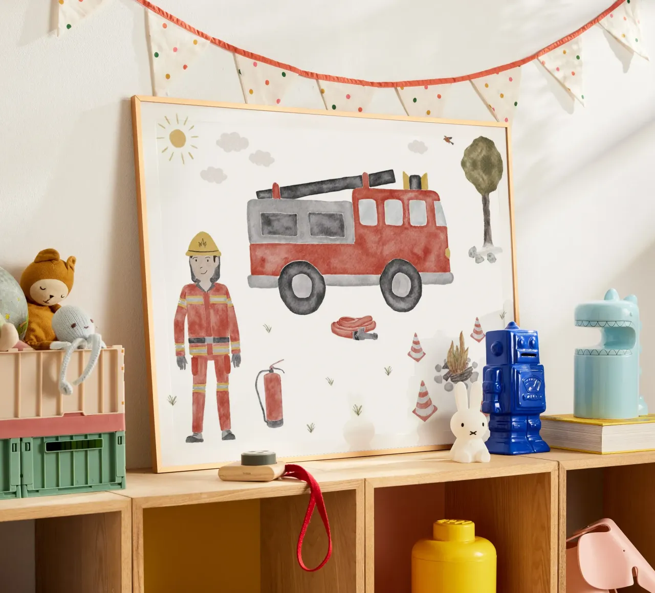 Firefighter with fire engine poster by herzundpapier