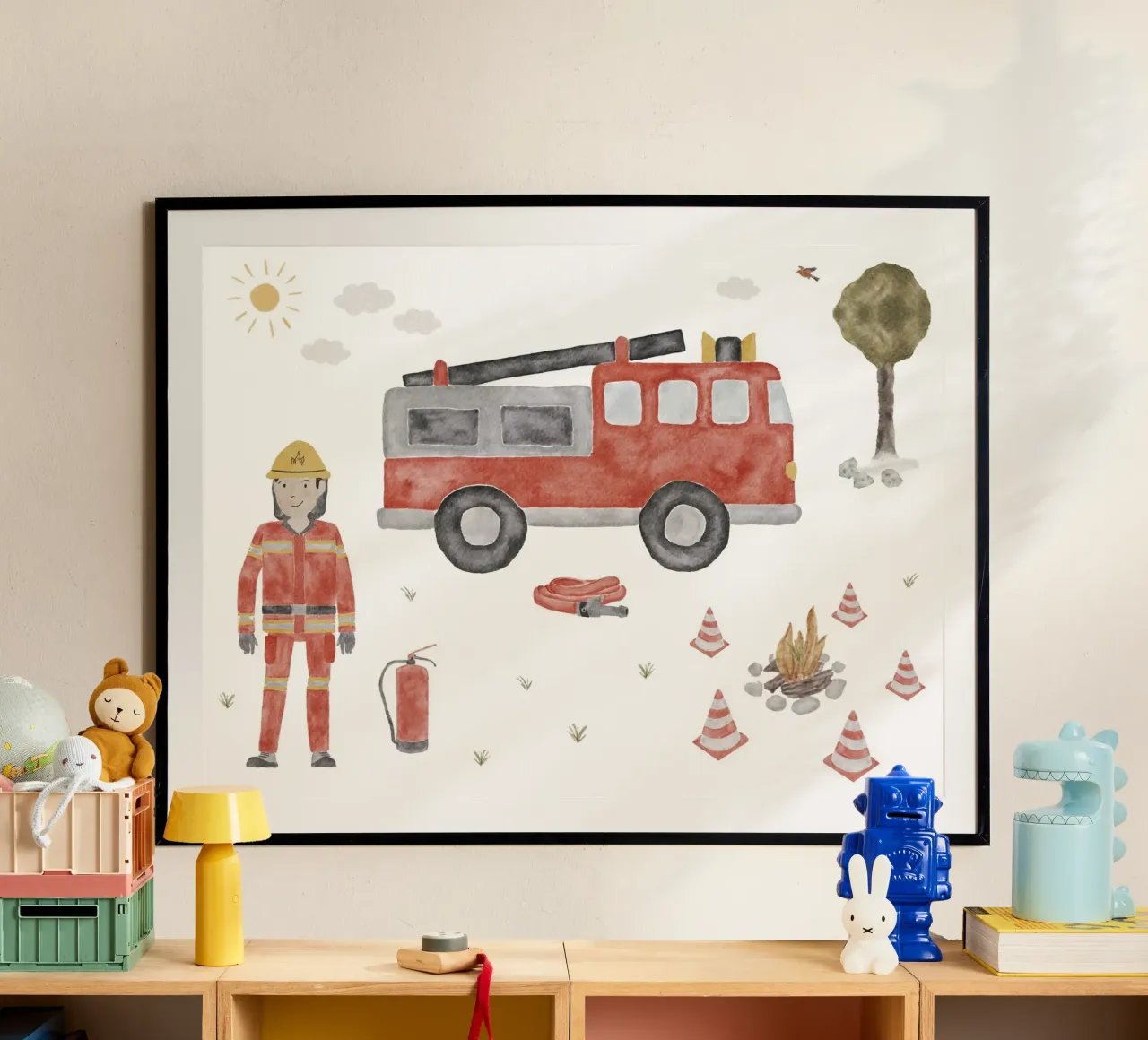 Firefighter with fire engine poster by herzundpapier