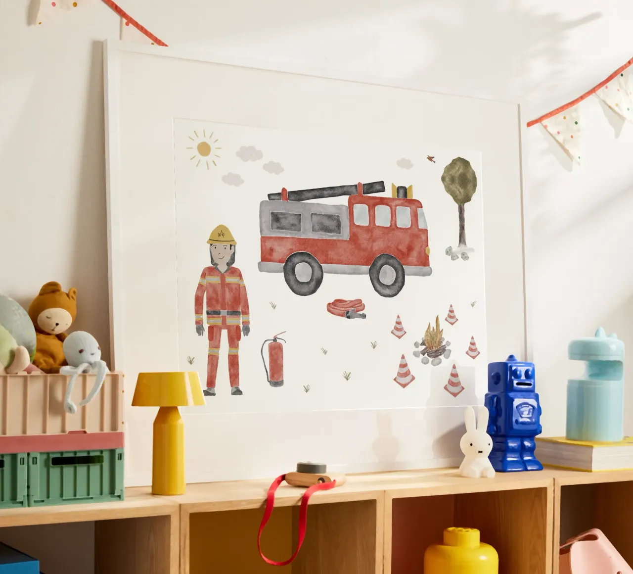 Firefighter with fire engine poster by herzundpapier