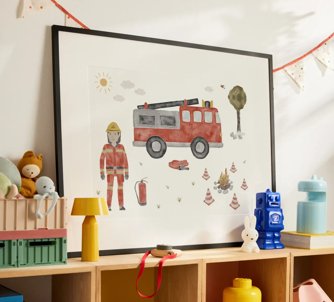 Firefighter with fire engine poster by herzundpapier