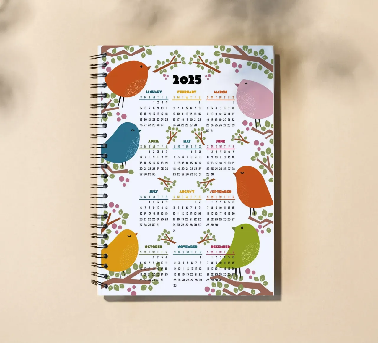 Calendar 2025 - Bird in the tree - English version spiral notebook by 2fevrierArtStudio