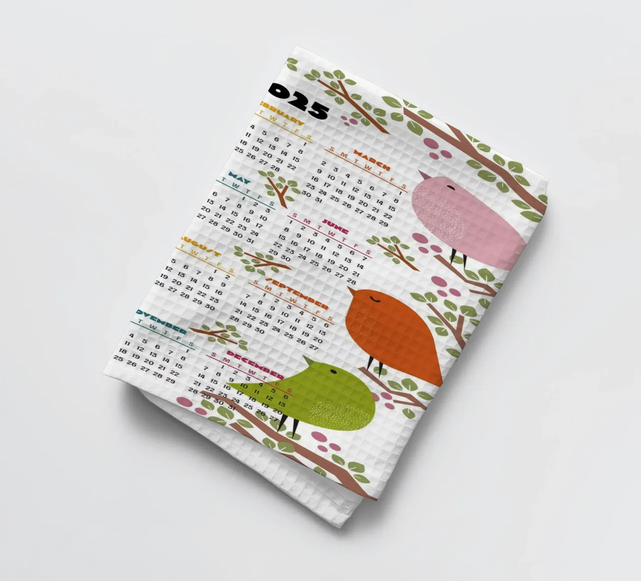 Calendrier 2025 - L'oiseau dans l'arbre - Version anglaise torchon de 2fevrierArtStudio