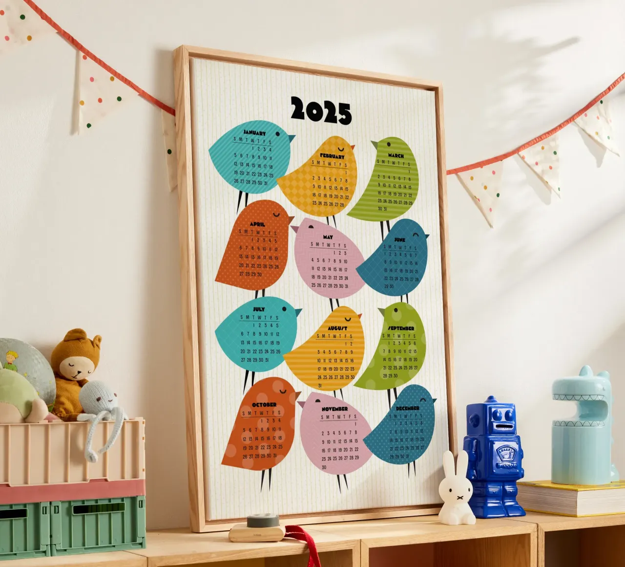 Kalender 2025 Just Bird - Engelse versie canvas met Baklijst van 2fevrierArtStudio