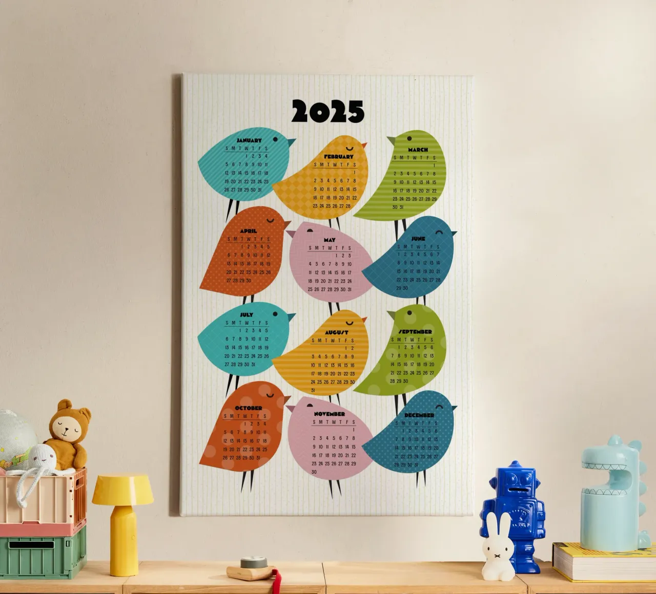 Kalender 2025 Just Bird - Engelse versie canvas met Baklijst van 2fevrierArtStudio