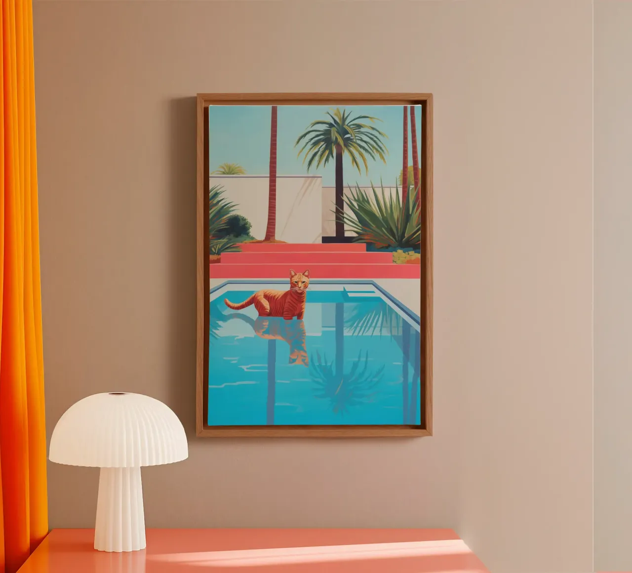 Hockney's red cat in the pool canvas with Floater frame by Autofocus