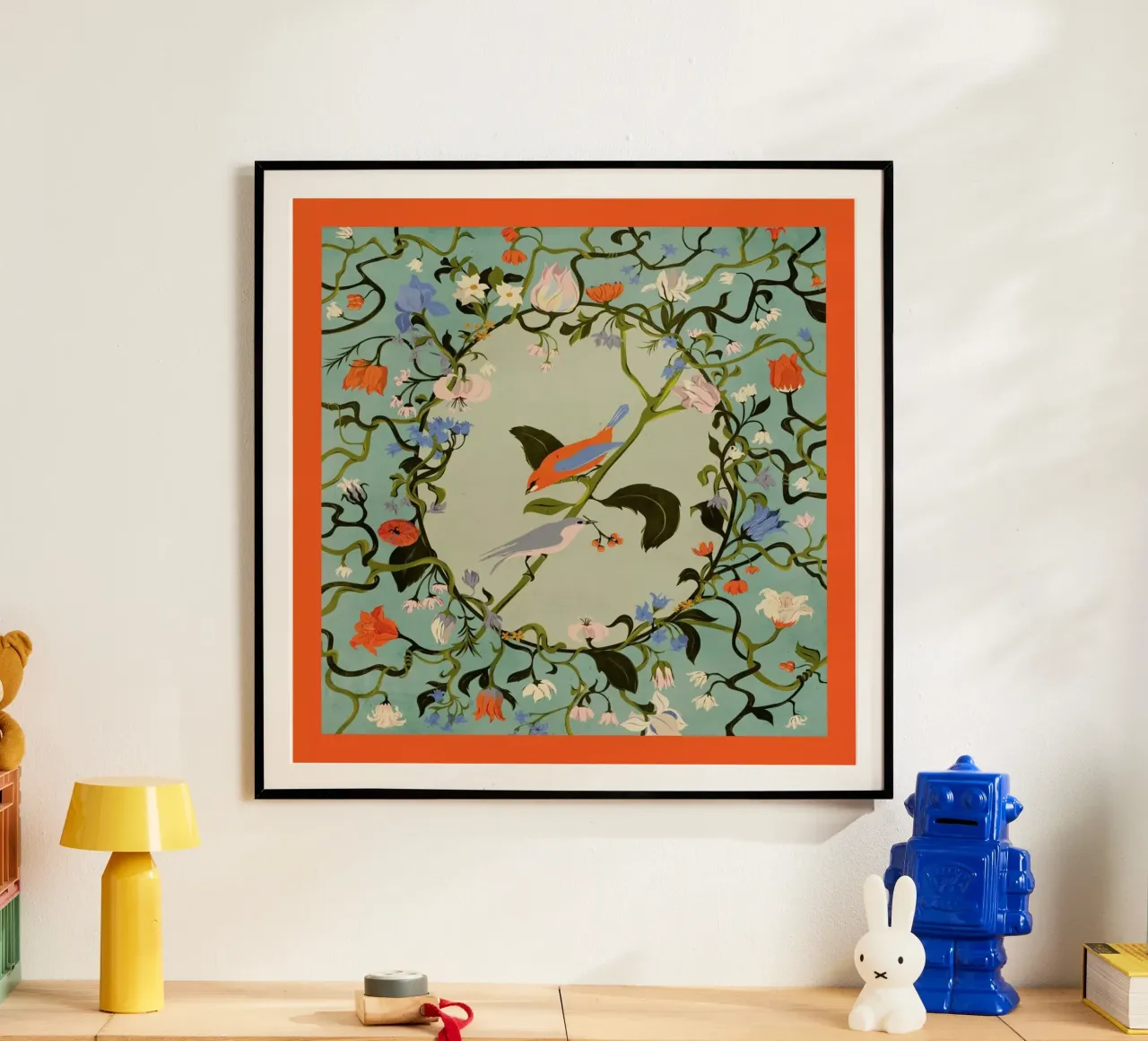 Birds & Flowers poster con telaio in alluminio da Giordano Poloni