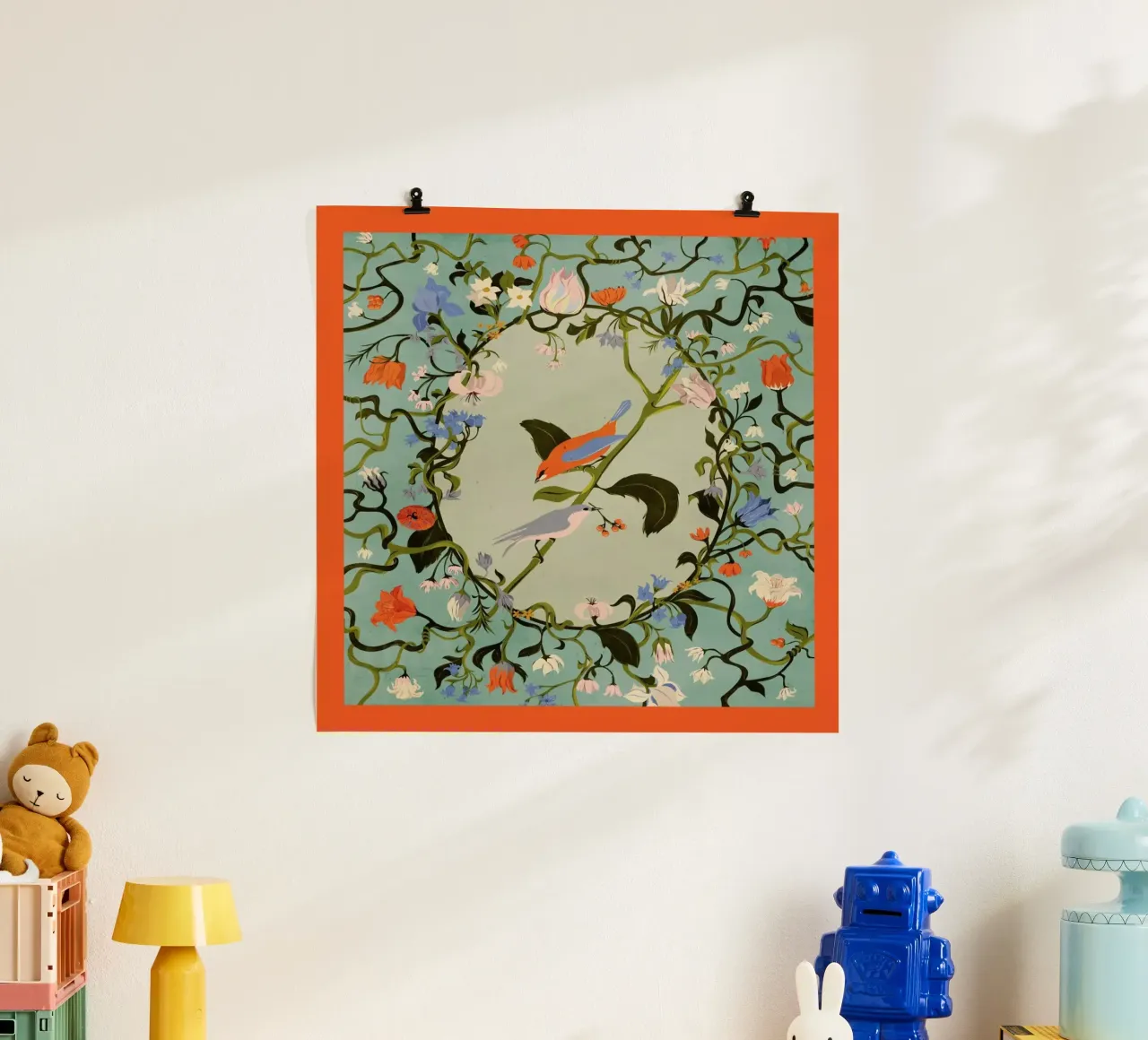 Birds & Flowers poster con telaio in alluminio da Giordano Poloni