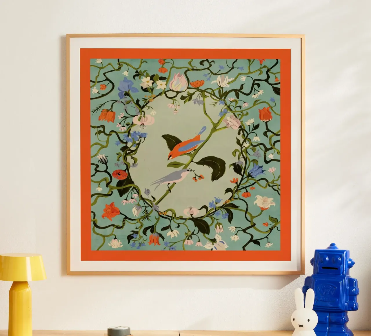 Birds & Flowers poster con telaio in alluminio da Giordano Poloni
