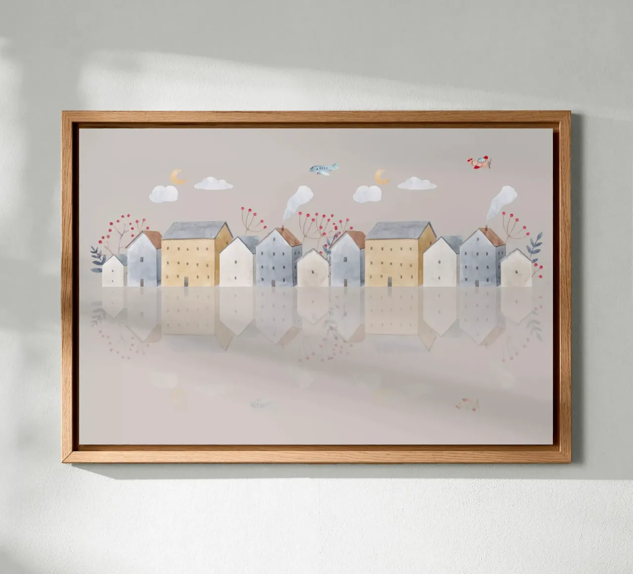 Paesaggio da sogno di una piccola città tela con Cornice a cassetta da Doodle Dreams Art