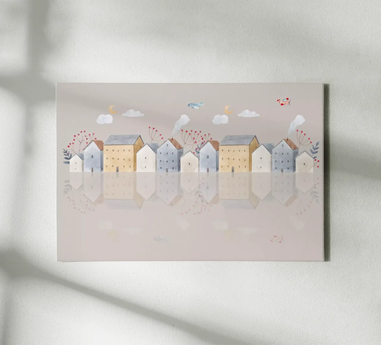 Paesaggio da sogno di una piccola città tela con Cornice a cassetta da Doodle Dreams Art