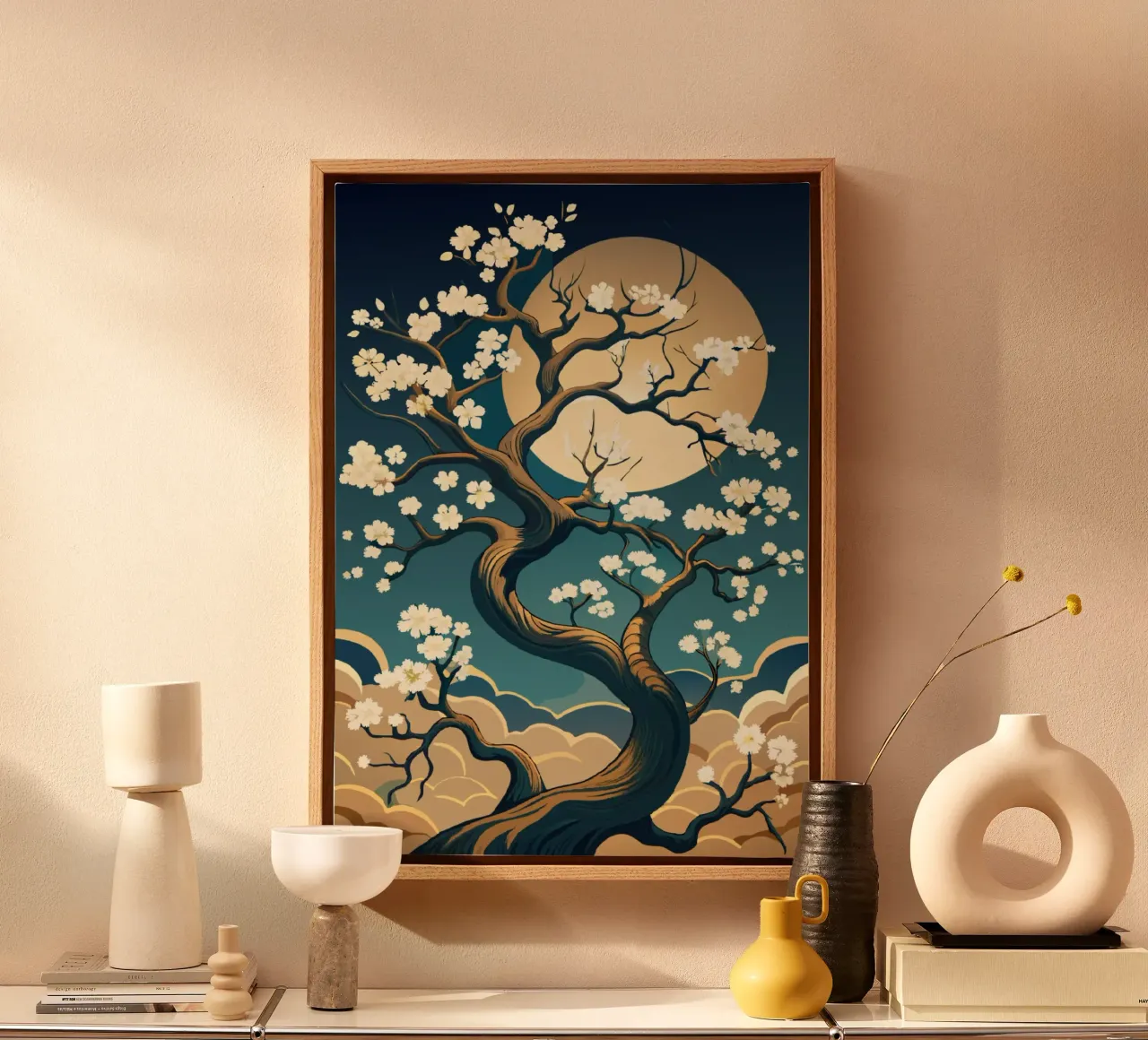 Moonlit Blossom: A Tranquil Tapestry of Nature canvas with Floater frame by Artistic-shop
