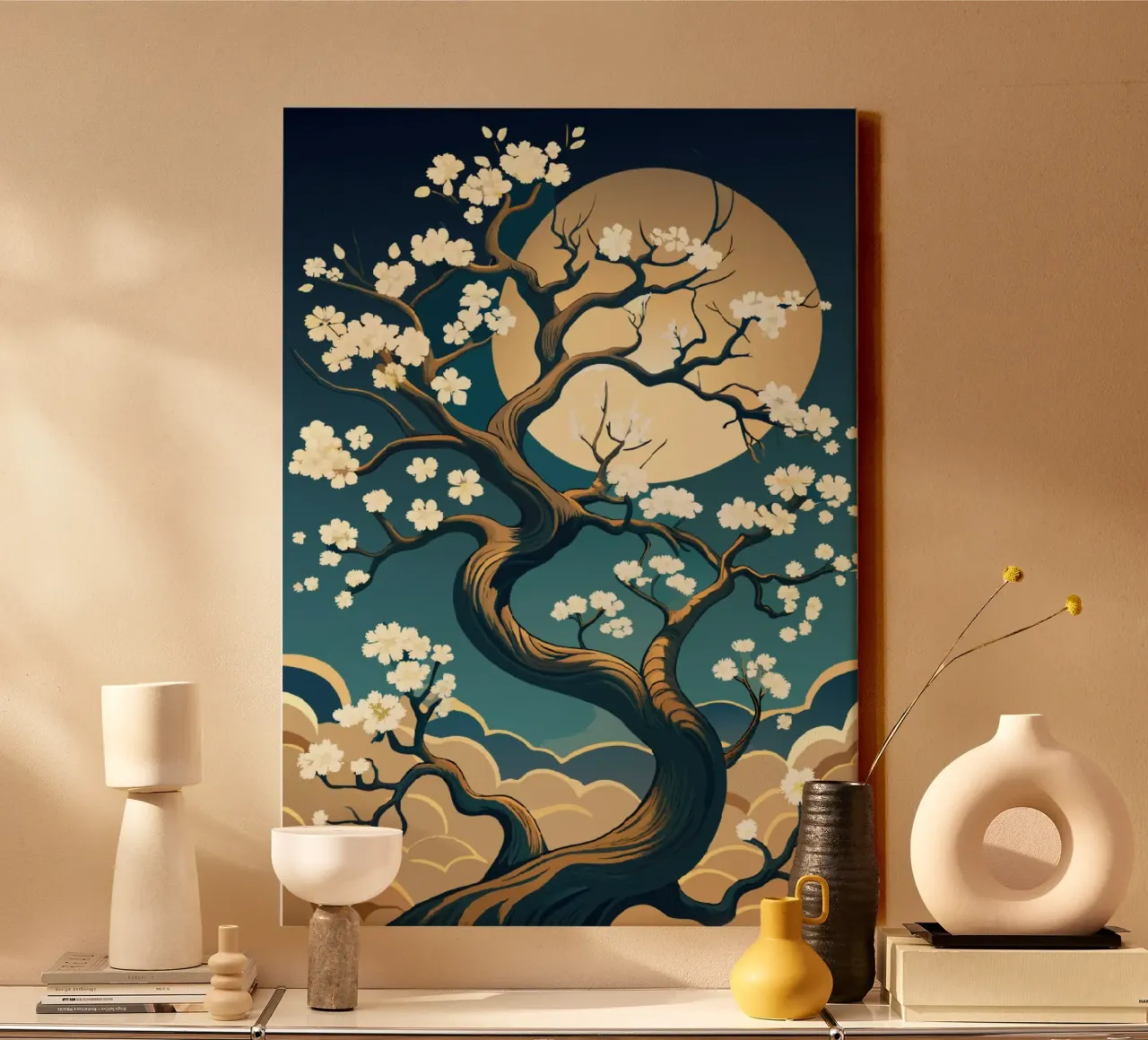 Moonlit Blossom: A Tranquil Tapestry of Nature canvas with Floater frame by Artistic-shop