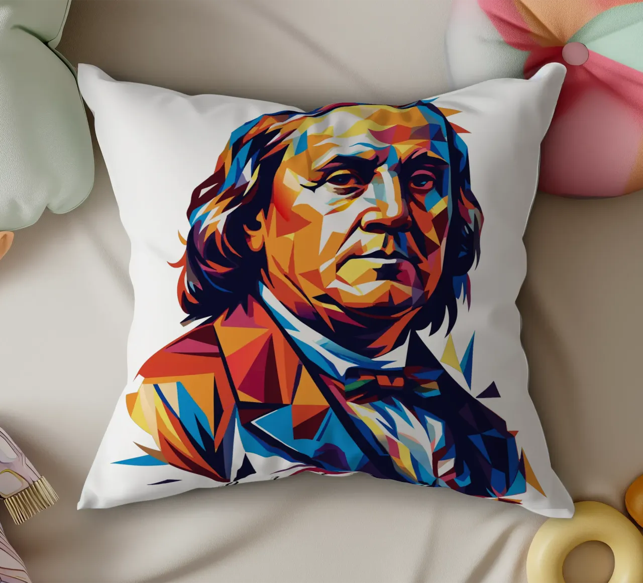 Benjamin Franklin in WPAP Pop ARt coussin de vectorartnesia