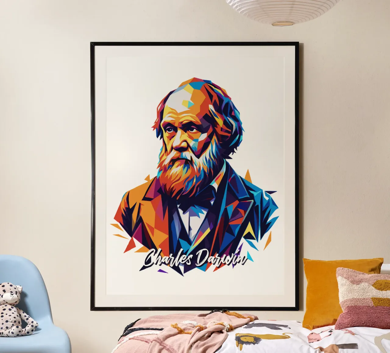 Charles Darwin in WPAP Pop Art Poster mit Kunststoffrahmen von vectorartnesia