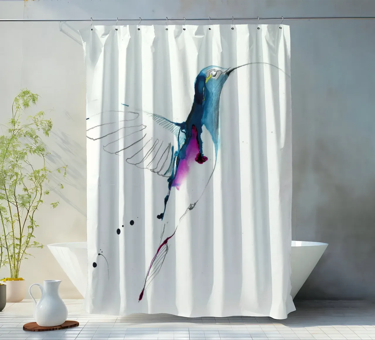 humming-bird shower curtain by Petit Boom Prints