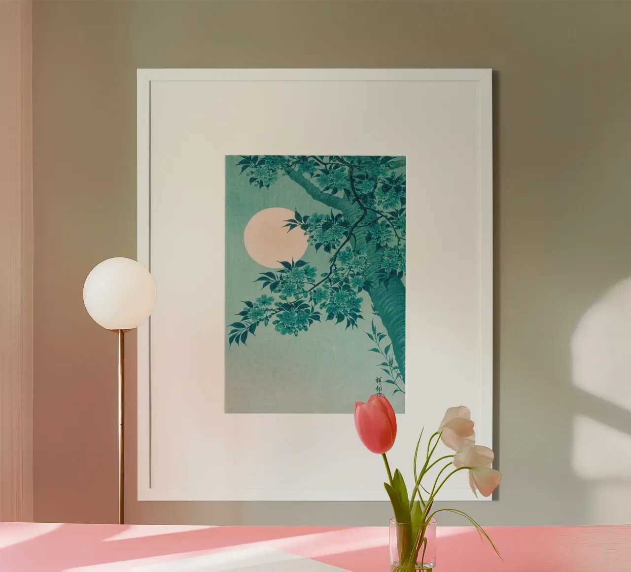 Serenità dei ciliegi in fiore al chiaro di luna poster con telaio in alluminio da Artistic-shop