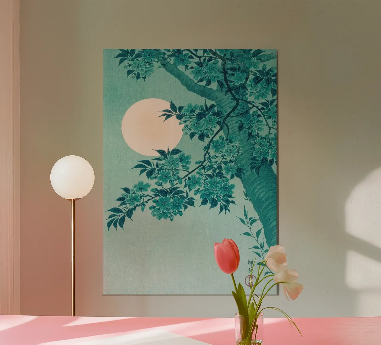 Serenità dei ciliegi in fiore al chiaro di luna poster con telaio in alluminio da Artistic-shop