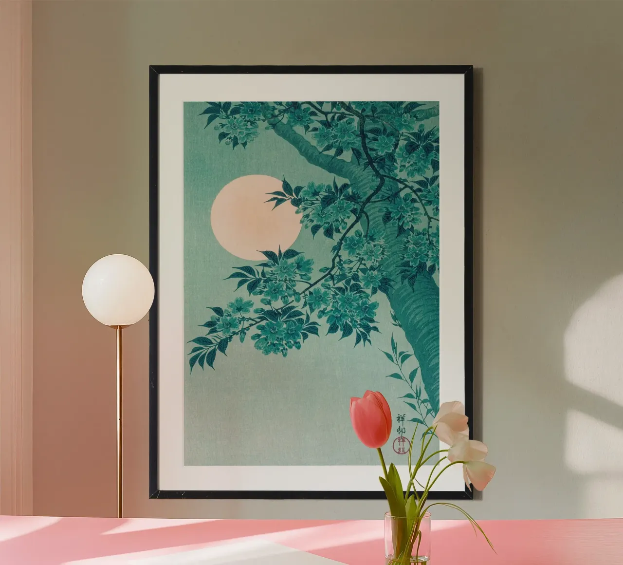 Serenità dei ciliegi in fiore al chiaro di luna poster con telaio in alluminio da Artistic-shop