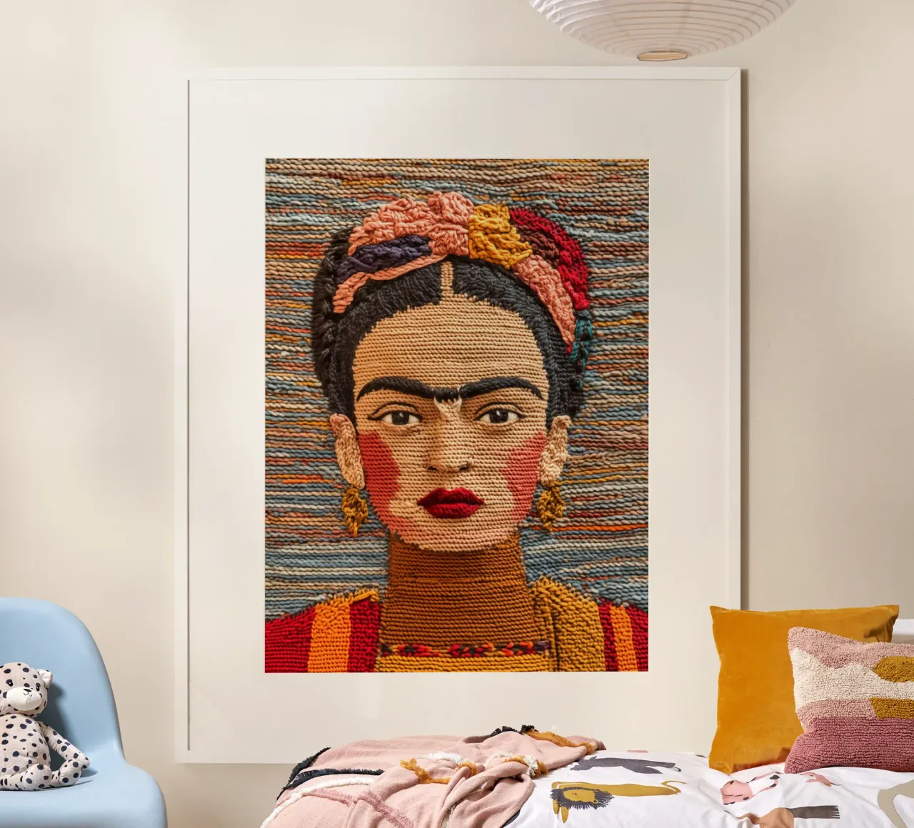 Frida Kahlo ritratta mentre lavora a maglia con i colori dell'autunno poster con telaio in alluminio da Autofocus