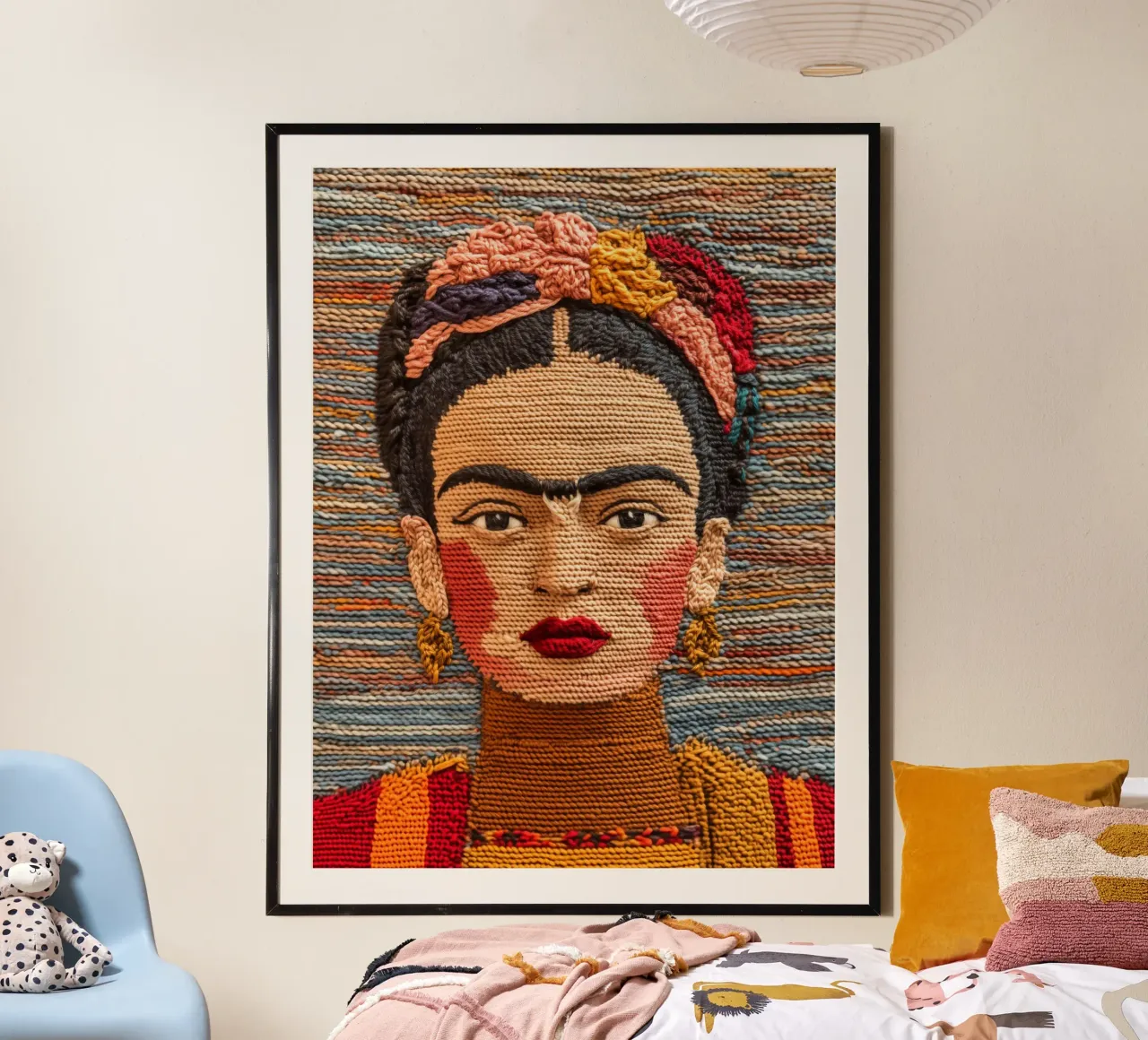 Frida Kahlo ritratta mentre lavora a maglia con i colori dell'autunno poster con telaio in alluminio da Autofocus