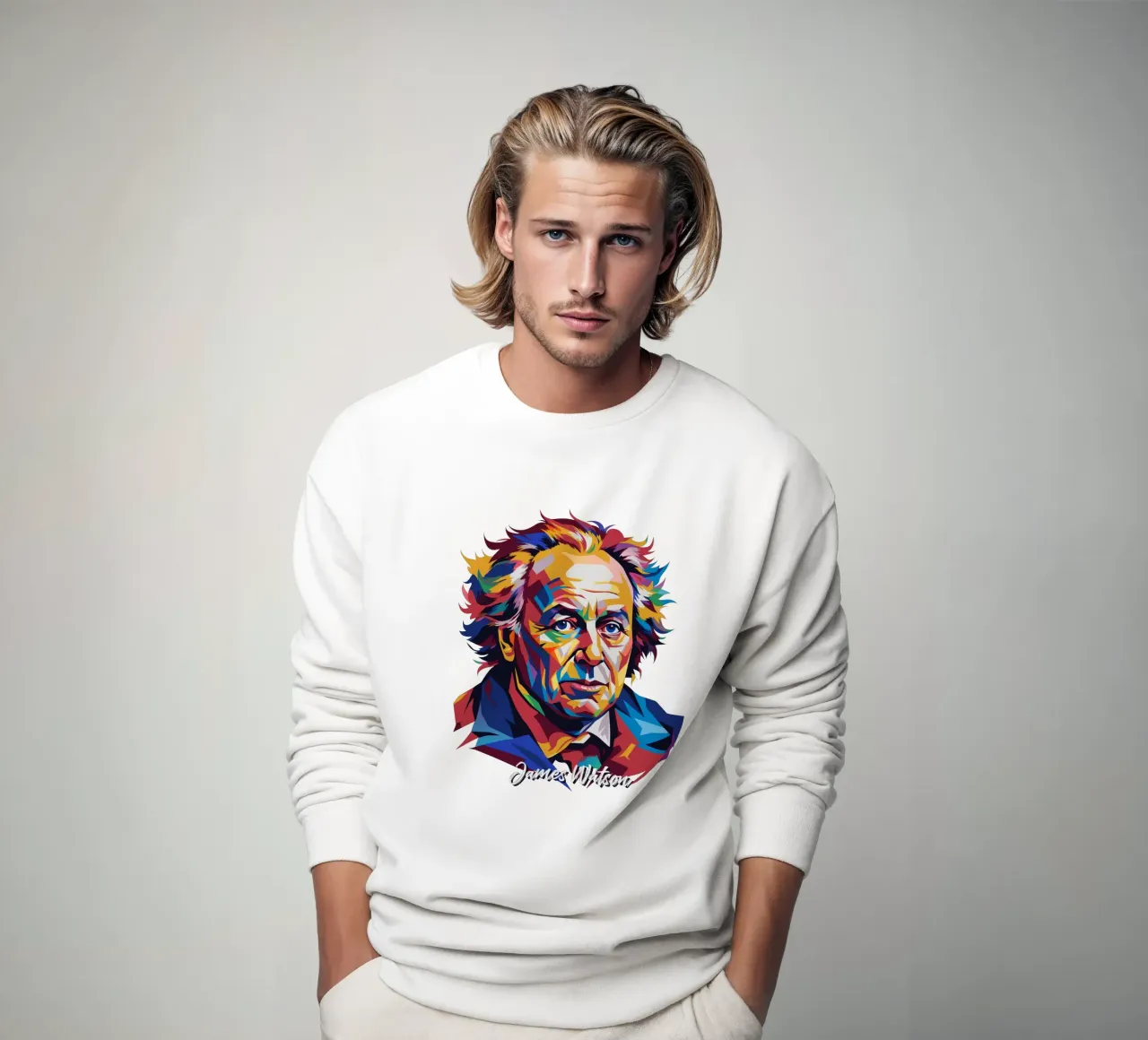 James Watson in WPAP Pop Art sweatshirt van vectorartnesia