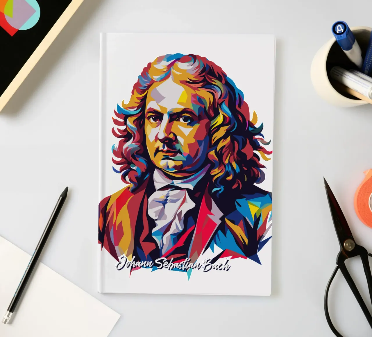 Johann Sebastian Bach in WPAP Pop Art notebook by vectorartnesia