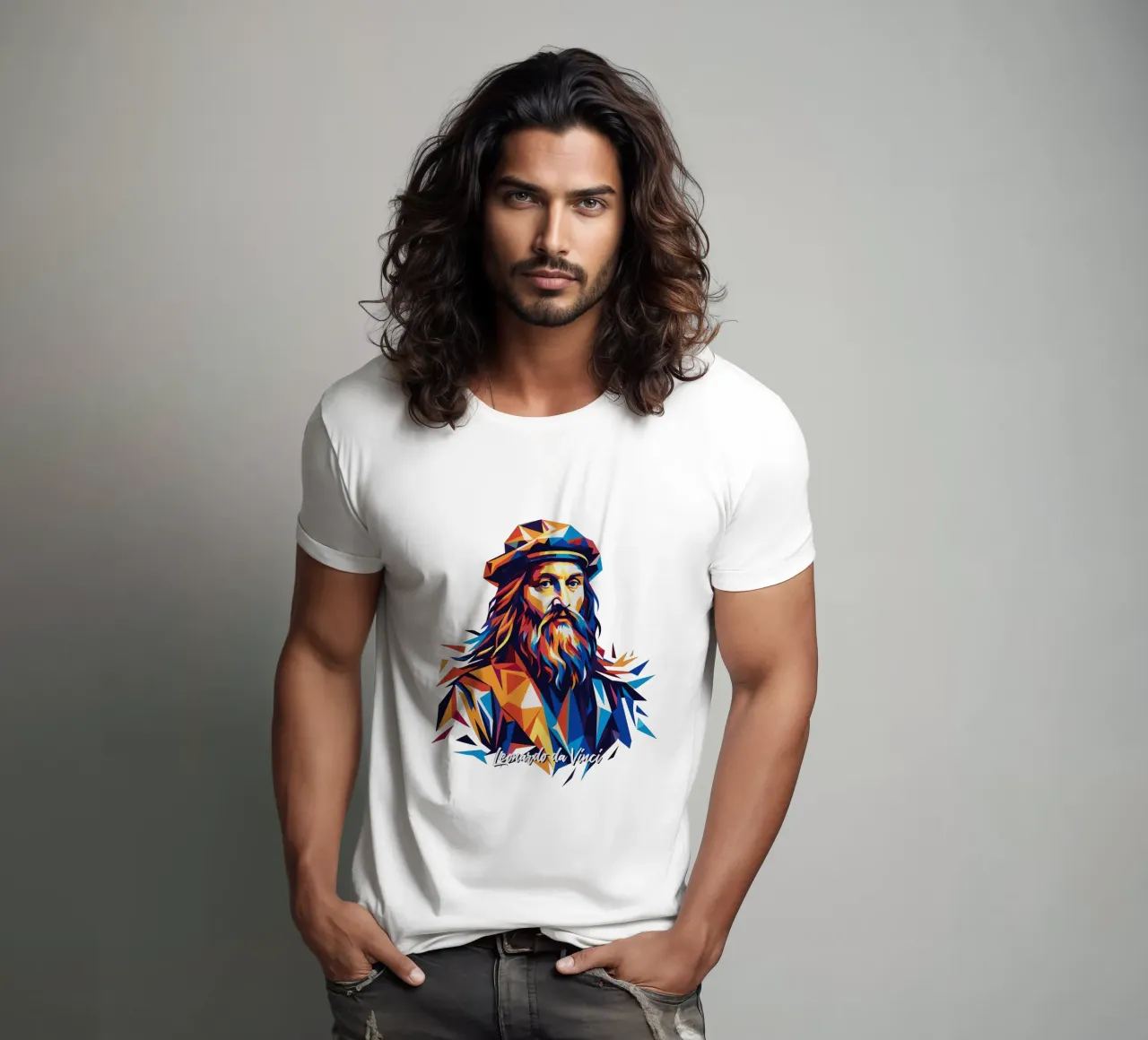 Leonardo da Vinci in WPAP Pop Art t-shirt da vectorartnesia