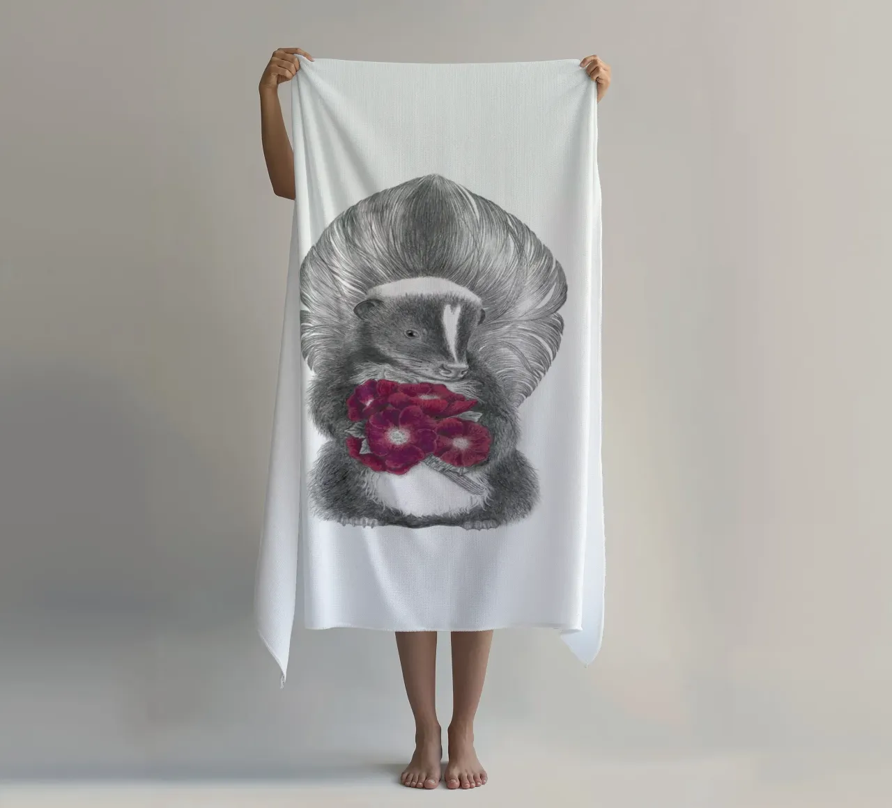 Scruffles Wigglebottom Skunk beach towel by Le Canot Rouge