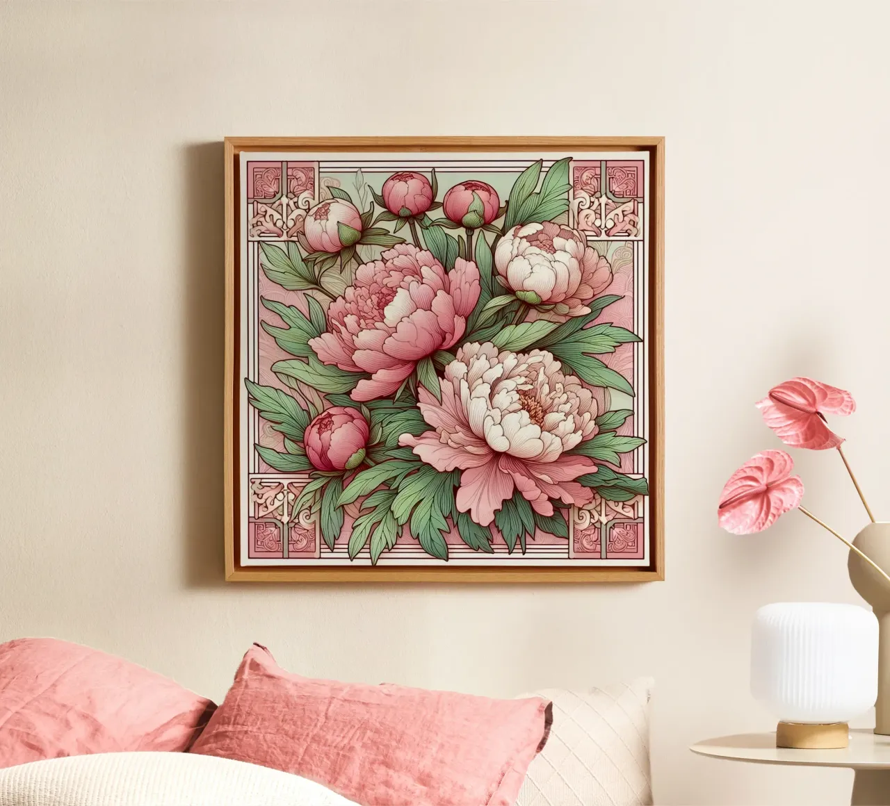 Peonies in pink canvas met Baklijst van Art-Nouveau-Dsg