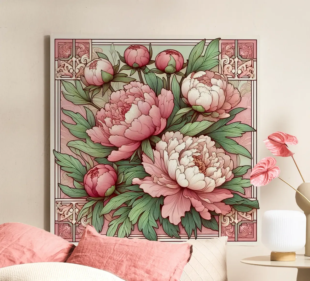 Peonies in pink canvas met Baklijst van Art-Nouveau-Dsg