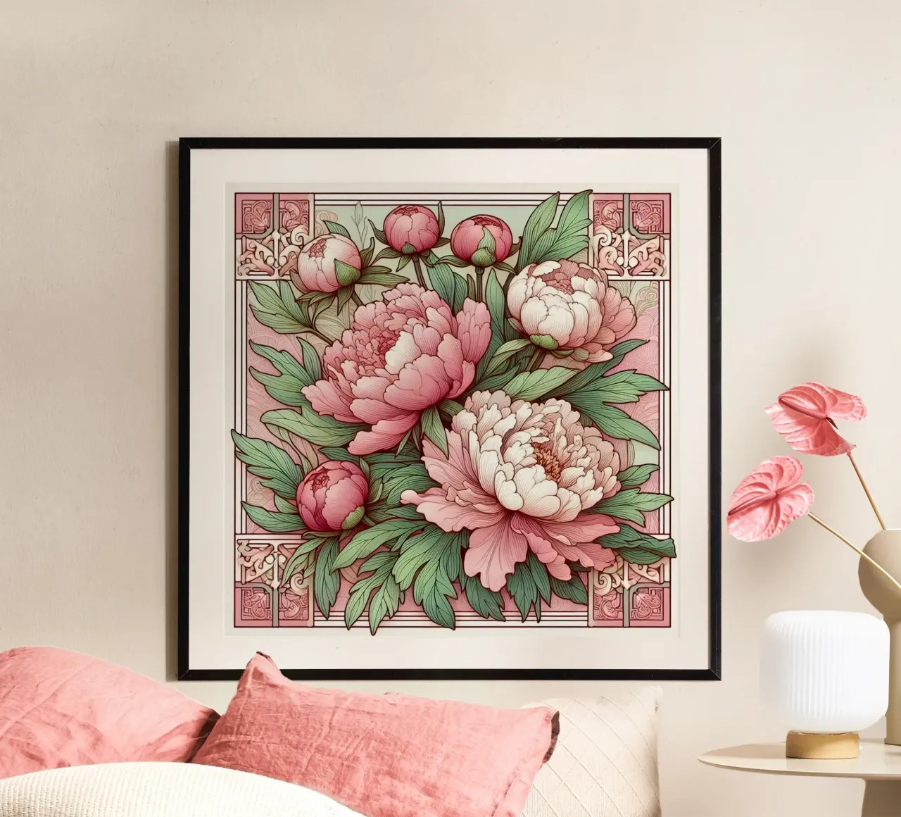 Peonies in pink carta hahnemühle da Art-Nouveau-Dsg
