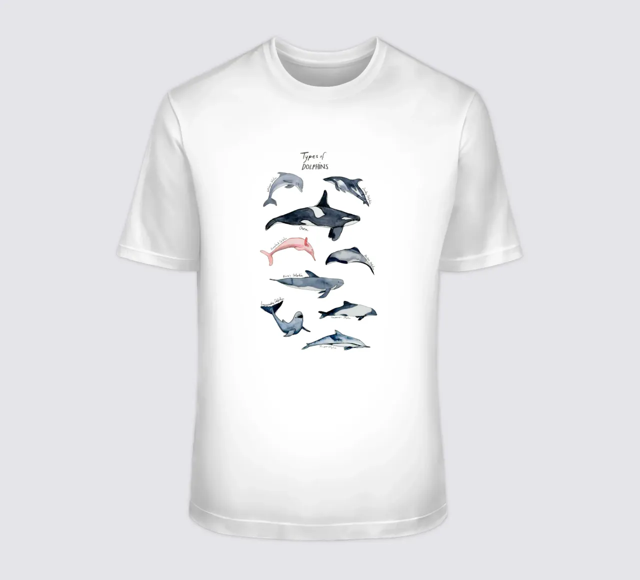 Tipi disegnati a mano di delfini in acquerello: design giocoso t-shirt da Studio Patruschka