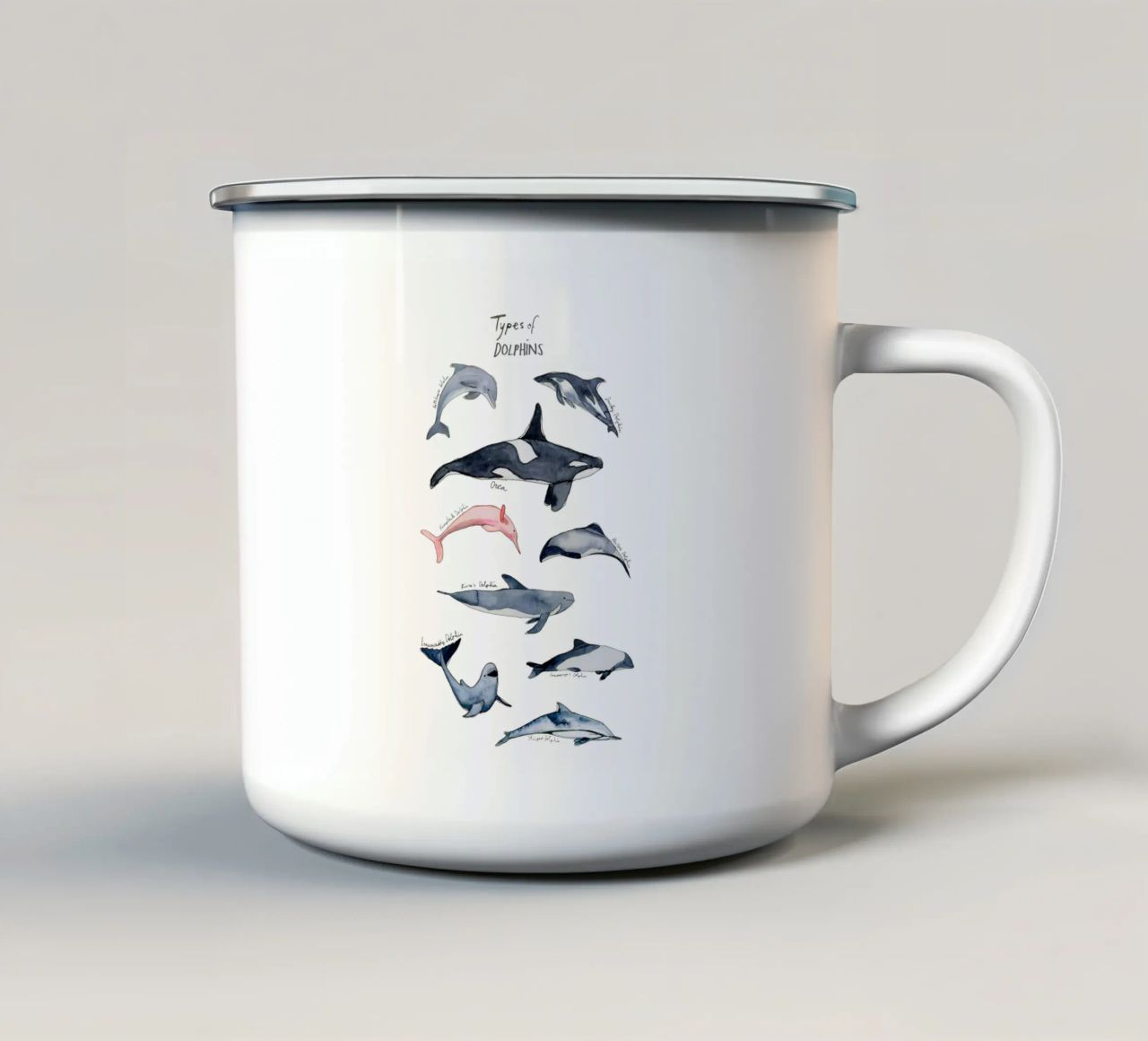 Tipi disegnati a mano di delfini in acquerello: design giocoso tazza in smalto da Studio Patruschka