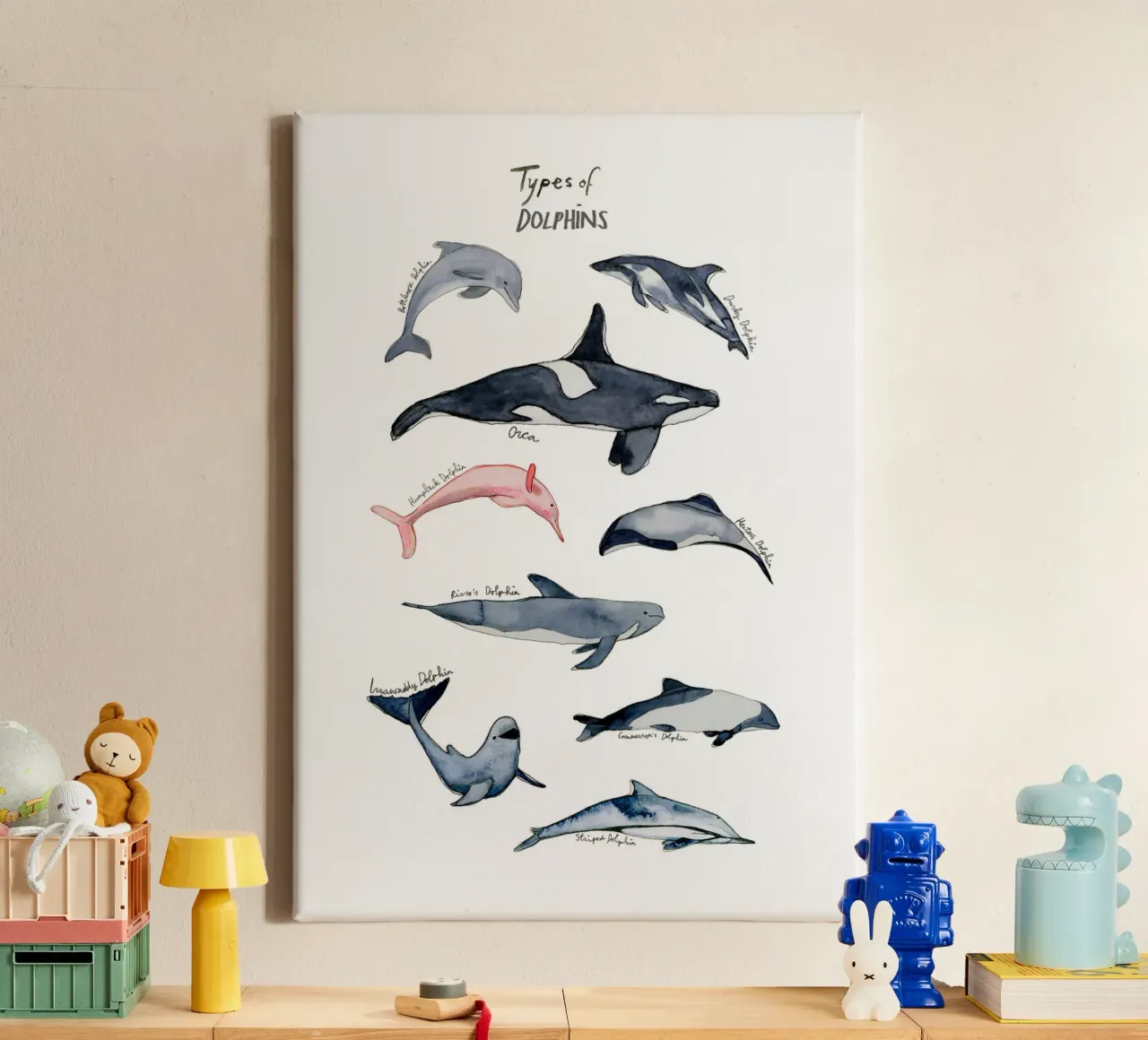 Tipi disegnati a mano di delfini in acquerello: design giocoso tela con Cornice a cassetta da Studio Patruschka