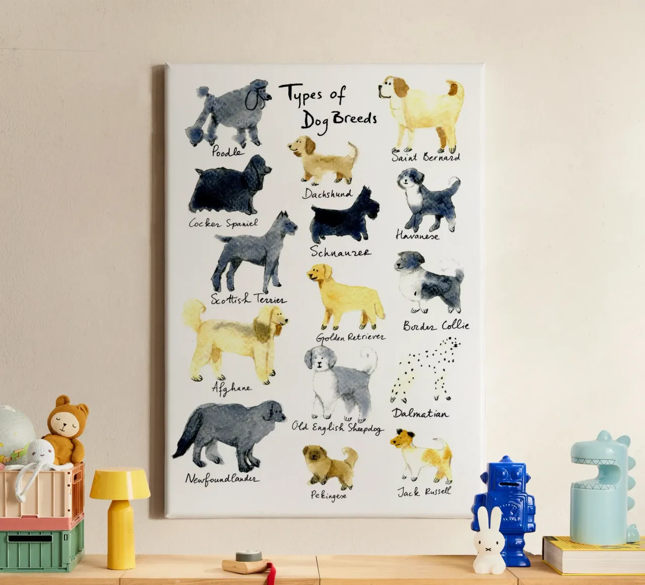 15 Hand-Drawn Dog Breeds in Watercolor: Fun and Cute Design canvas with Floater frame by Studio Patruschka