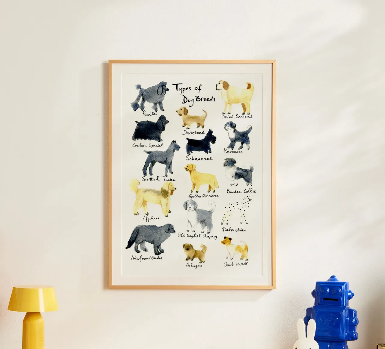 15 Hand-Drawn Dog Breeds in Watercolor: Fun and Cute Design poster con telaio in alluminio da Studio Patruschka