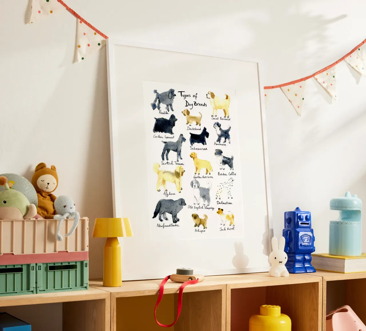 15 Hand-Drawn Dog Breeds in Watercolor: Fun and Cute Design poster con telaio in alluminio da Studio Patruschka