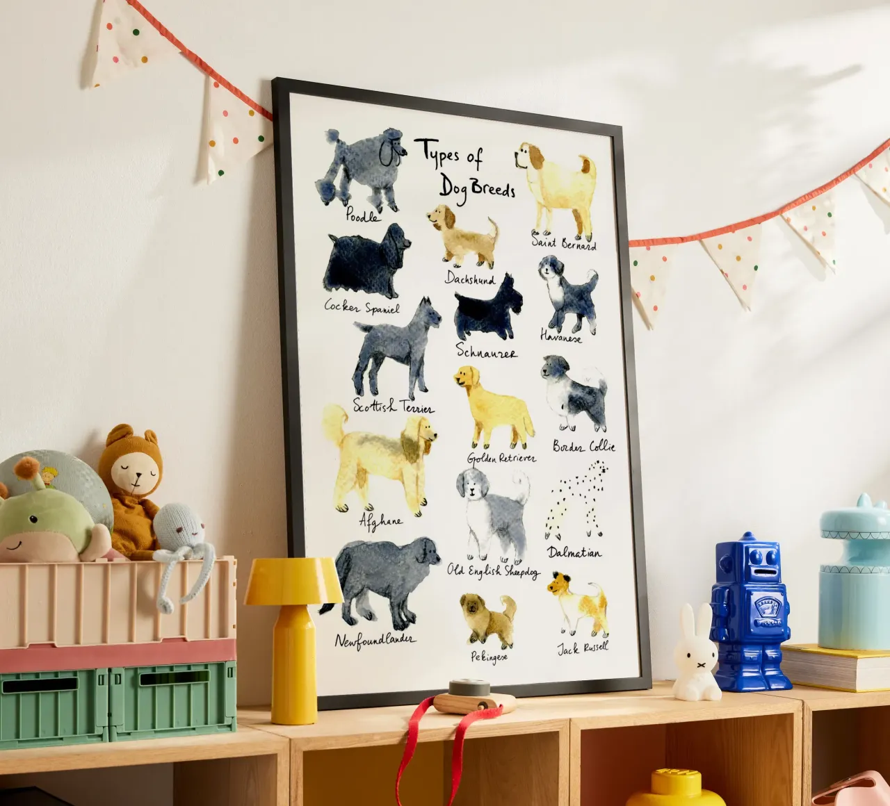 15 Hand-Drawn Dog Breeds in Watercolor: Fun and Cute Design poster con telaio in alluminio da Studio Patruschka