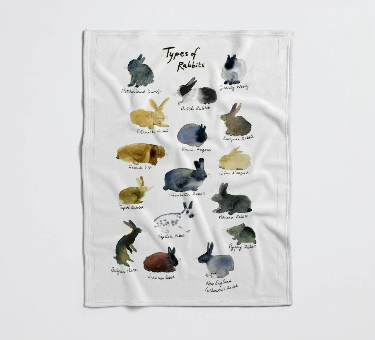 Razze di conigli disegnate a mano in acquerello: coniglietto giocoso e carino coperta in pile da Studio Patruschka